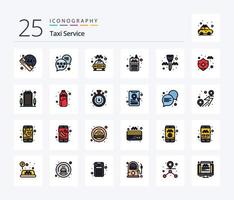 Taxi-Service 25 Zeilen gefülltes Icon-Pack inklusive Taxi. Zündschlüssel. Transport. Ausrüstung. Empfänger vektor