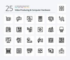 Videoproduktion und Computerhardware 25-Zeilen-Icon-Pack, einschließlich Solid. Antrieb. veraltet. Scheibe. Installieren vektor