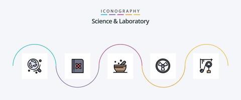 vetenskap linje fylld platt 5 ikon packa Inklusive vetenskap maskin. maskin. skål. enhet. kemist vektor