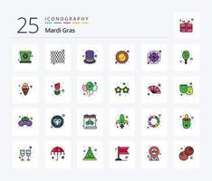 Mardi Gras 25 Zeilen gefülltes Icon Pack inklusive Sonnenblume. Natur. Karneval. Blume. Mond vektor