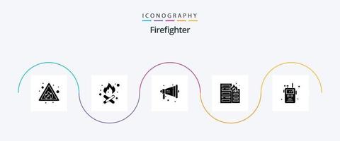 Feuerwehrmann Glyphe 5 Icon Pack inklusive Funkgerät. Risiko. Megaphon. Haus. Feuer vektor