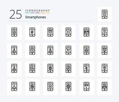 Smartphones 25-Zeilen-Icon-Pack einschließlich Technologie. Handy, Mobiltelefon. Handy, Mobiltelefon. Kamera. Post vektor