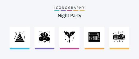 Night Party Glyph 5 Icon Pack inklusive . Nacht. Grill. Beamer. Musik. kreatives Symboldesign vektor