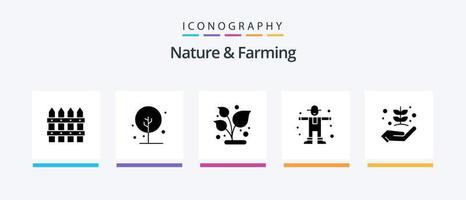 Natur- und Landwirtschafts-Glyphe 5 Icon Pack inklusive Landwirtschaft. Vogelscheuche. wachsen. ländlich. Charakter. kreatives Symboldesign vektor