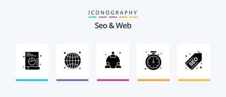 seo och webb glyf 5 ikon packa Inklusive märka. webb. användare. tid. klocka. kreativ ikoner design vektor