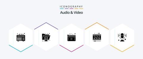 Audio- und Video-Icon-Pack mit 25 Glyphen, einschließlich Mikrofon. Spule. Medien. Video. spielen vektor