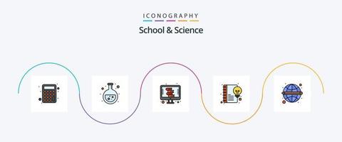 skola och vetenskap linje fylld platt 5 ikon packa Inklusive global. skrivande. digital. aning. innehåll vektor