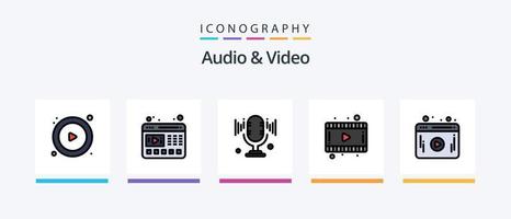 Audio- und Videozeile gefülltes 5-Icon-Paket, einschließlich . Spieler. Lautsprecher. Netz. Schallwellen. kreatives Symboldesign vektor