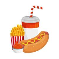 köstlicher Hot Dog mit Getränk und Fast-Food-Ikone vektor