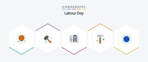 Labor Day 25 Flat Icon Pack inklusive Tag. Uhr-Kit. blauer Druck. Hammer. drucken vektor