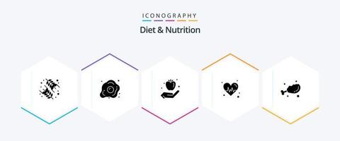 diet och näring 25 glyf ikon packa Inklusive diet. slå. näring. hjärta. friska vektor