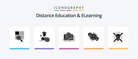 distans utbildning och elearning glyf 5 ikon packa Inklusive global. användare. skrivande. anslutningar. teori. kreativ ikoner design vektor