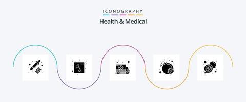 Symbolpaket für Gesundheit und medizinische Glyphe 5 einschließlich RX. medizinisch. Auto. Blase. Bombe vektor