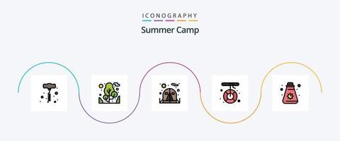 sommar läger linje fylld platt 5 ikon packa Inklusive camping. sommar. tält. grädde. smältande vektor