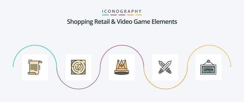 shoping detaljhandeln och video spel element linje fylld platt 5 ikon packa Inklusive fäktning. prestation. strategi. placera. välde vektor