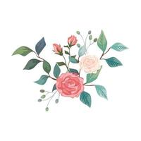 niedliche Rosen mit Zweigen und Blättern isolierte Ikone vektor