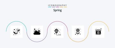vår glyf 5 ikon packa Inklusive vår. kalender. underhållning. Sol blomma. utsäde vektor