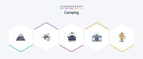 Camping 25 Filledline Icon Pack inklusive Capture. Kamera. Wolken. Topf. Teekanne vektor