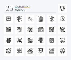 Night Party 25-Zeilen-Icon-Pack inklusive Feier. Wein. Musik. Liste. Nacht vektor