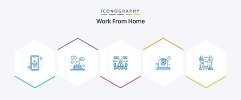 Arbeit von zu Hause aus 25 blaues Icon Pack inklusive Konferenz. Webcam. Notizbuch. Video. Hausaufgaben vektor