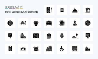 25 Hotelservices und Stadtelemente solides Glyphen-Icon-Pack vektor