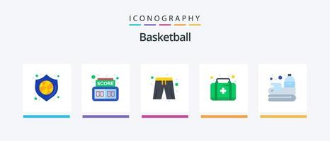 Basketball Flat 5 Icon Pack inklusive Spiel. Korb. Kleidung. Ball. Bausatz. kreatives Symboldesign vektor