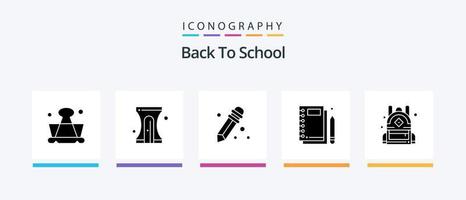 tillbaka till skola glyf 5 ikon packa Inklusive skola. väska. penna. skrivande. anteckningsblock. kreativ ikoner design vektor