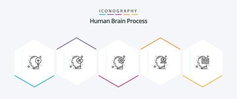 menschlicher Gehirnprozess 25-Zeilen-Icon-Pack einschließlich Verstand. Kopf. Puzzle. Dollar. Verfahren vektor