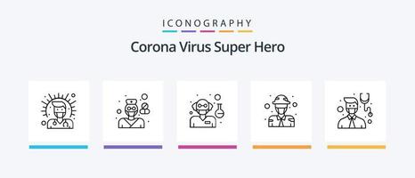 Corona-Virus-Superhelden-Linie 5-Icon-Pack inklusive Offizier. Polizei. Pflege. Mann. männlich. kreatives Symboldesign vektor