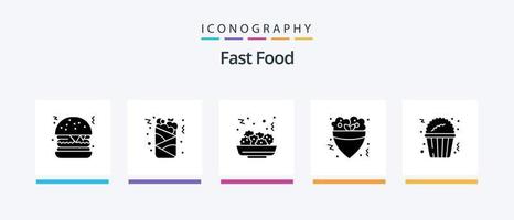 Fast-Food-Glyphe-5-Icon-Pack inklusive . Fastfood. Essen. Popcorn. Mahlzeit. kreatives Symboldesign vektor