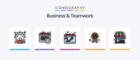 Geschäfts- und Teamarbeitslinie gefülltes 5-Icon-Paket, einschließlich . Berufung. Qualitätsabzeichen. Anrufweiterleitung. speichern. kreatives Symboldesign vektor