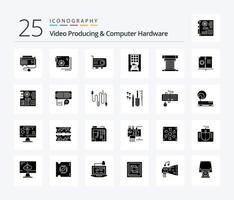 Videoproduktion und Computerhardware 25 Solid-Glyphen-Icon-Pack einschließlich Solid. Antrieb. Leistung. Scheibe. Technologie vektor