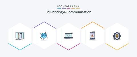 3D-Druck und Kommunikation 25 gefüllte Symbolpakete inklusive Smartphone. boxd. Netzwerk. Synchronisation. Verknüpfung vektor