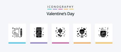 valentines dag glyf 5 ikon packa Inklusive te. kaffe. kärlek. vin. natt. kreativ ikoner design vektor