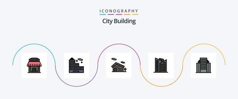 City Building Line gefüllt Flat 5 Icon Pack inklusive. Unternehmen. Haus. Gebäude. Adresse vektor