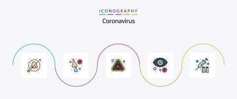 Mit Coronavirus-Linie gefülltes flaches 5-Icon-Pack inklusive Schutz. Virus infiziert. Notiz. Sicht. Auge vektor