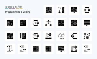 25 Programmierung und Codierung von soliden Glyphen-Icon-Packs vektor