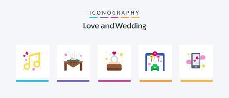 bröllop platt 5 ikon packa Inklusive tillgivenhet. bröllop. låda. kärlek. ringa. kreativ ikoner design vektor