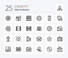 Videoproduktion 25-Zeilen-Icon-Pack inklusive Uhr. Kino . Medien. Multimedia vektor