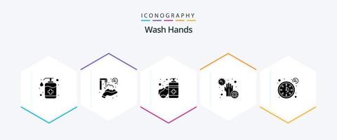Hände waschen 25 Glyphen-Icon-Pack inklusive Bakterien. Krankheit. Waschen. schmutzig. Händepflege vektor