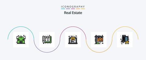 Immobilienlinie gefülltes flaches 5-Icon-Paket einschließlich Gebäude. heim. Innere. Planke. online vektor