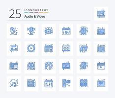 Audio- und Video-Icon-Pack mit 25 blauen Farben, einschließlich Tonband. Tonfrequenz. Spieler. Soundbars. Video vektor