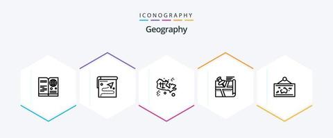 Geographie 25-Zeilen-Icon-Pack inklusive Pin. Route. Ziel. Standort. Schatz vektor