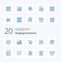 20 Einkaufs- und Handelssymbole in blauer Farbe wie Auszeichnungstextliste Handkarren-Einkaufsliste Artikelliste vektor