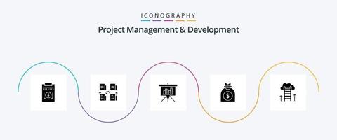 Projektmanagement und Entwicklung Glyph 5 Icon Pack inklusive Karriereweg. wagen. Privatsphäre. Geld. Bericht vektor