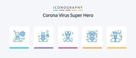 korona virus super hjälte blå 5 ikon packa Inklusive medicinsk Stöd. läkare. sjukhus. manlig. officer. kreativ ikoner design vektor