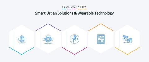 Smart Urban Solutions und Wearable Technology 25 blaue Icon-Packs inklusive Herz. Überwachung. Computer. Musik. Telefon vektor