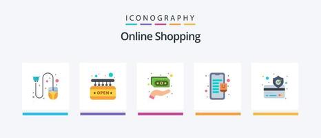 Online-Shopping Flat 5 Icon Pack inklusive Online-Shop. Einkaufszentrum. Geschäft. Tasche. halten. kreatives Symboldesign vektor