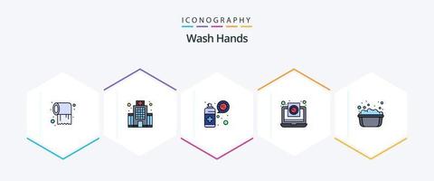 Hände waschen 25 gefüllte Symbolpackung inklusive Waschbecken. Bericht. Reinigung. medizinisch. Coronavirus vektor
