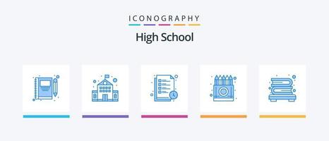 hög skola blå 5 ikon packa Inklusive bokhylla. teckning. läsning tid. kritor. låda. kreativ ikoner design vektor